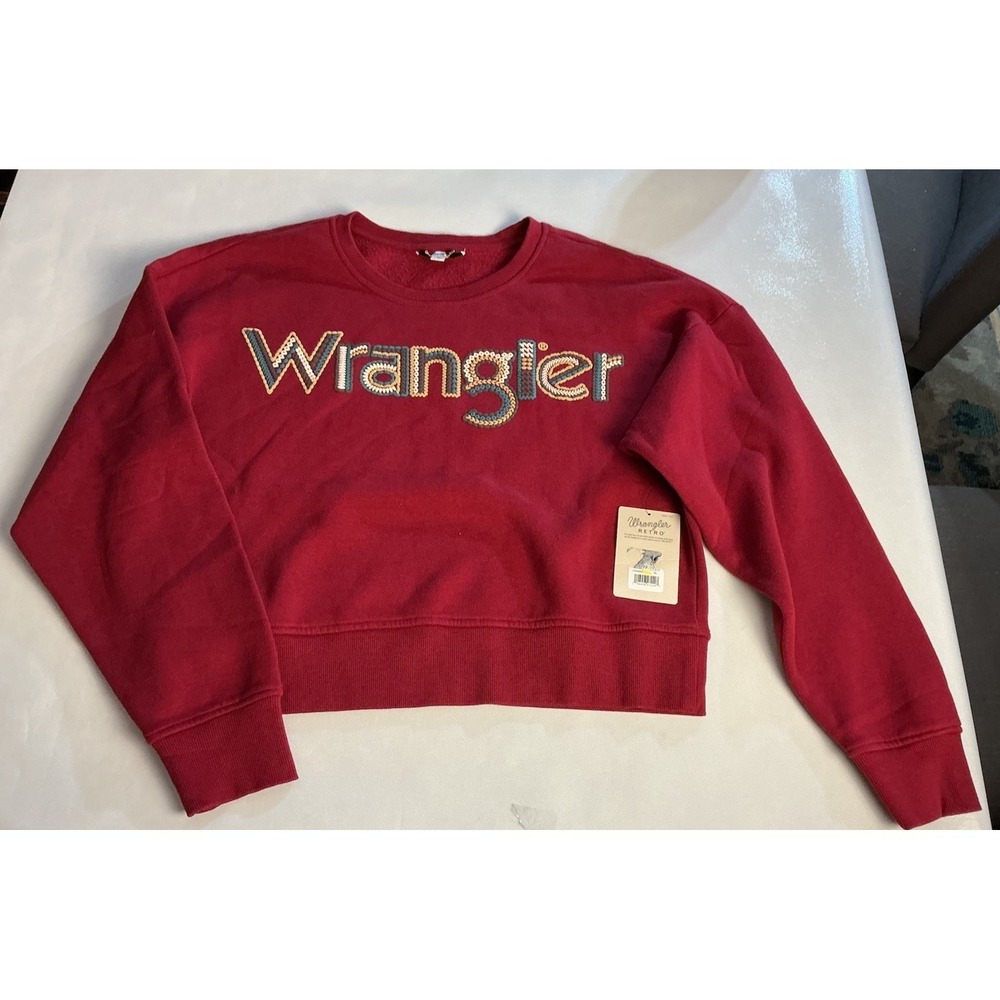 NWT Wrangler Retro Womens XL Cropped Sweatshirt Cranberry Red Puff Logo Boxy